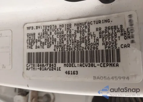 2003 Toyota Camry Le z USA, uszkodzony, nr VIN 4T1BE30K53U249206